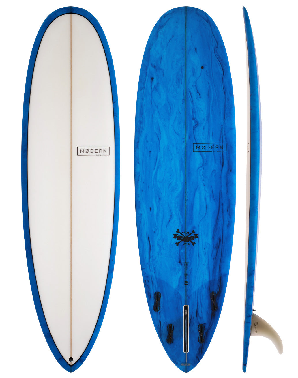 Modern Surfboards - Love Child - blue and white mid length surfboard