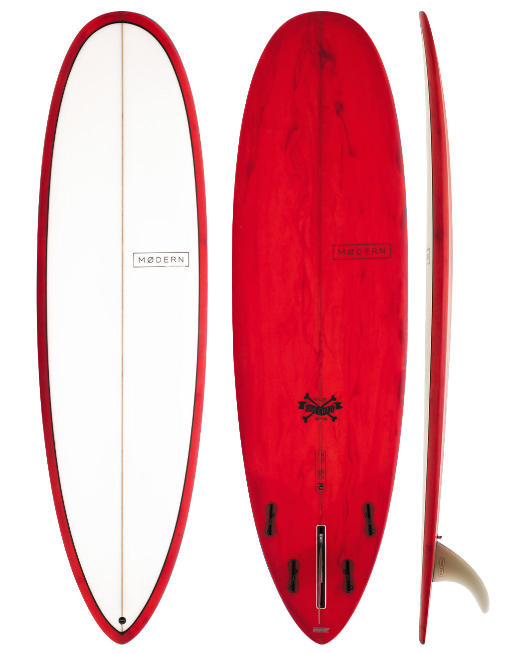 Modern Surfboards - Love Child - red and white mid length surfboard