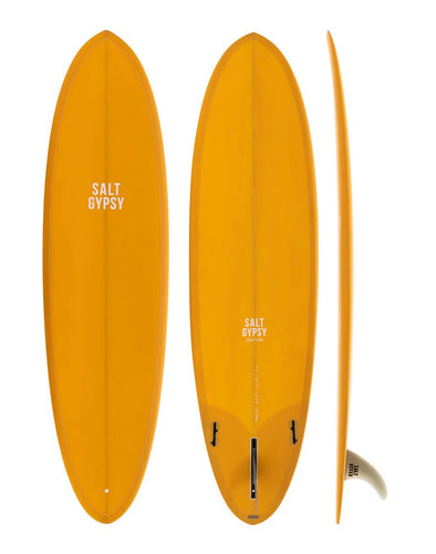 Salt Gypsy - Mid Tide - mustard coloured mid length surfboard