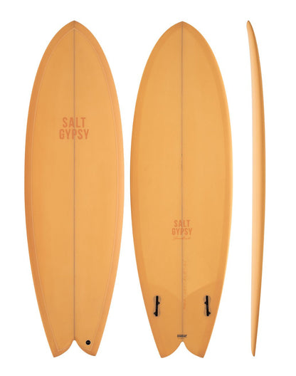 Salt Gypsy - Shorebird - mustard coloured twin fin surfboard