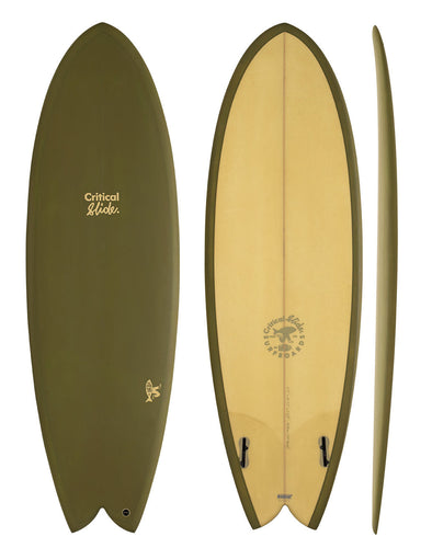 The Critical Slide Society Surfboards - The Angler - khaki green coloured twin fin surfboard